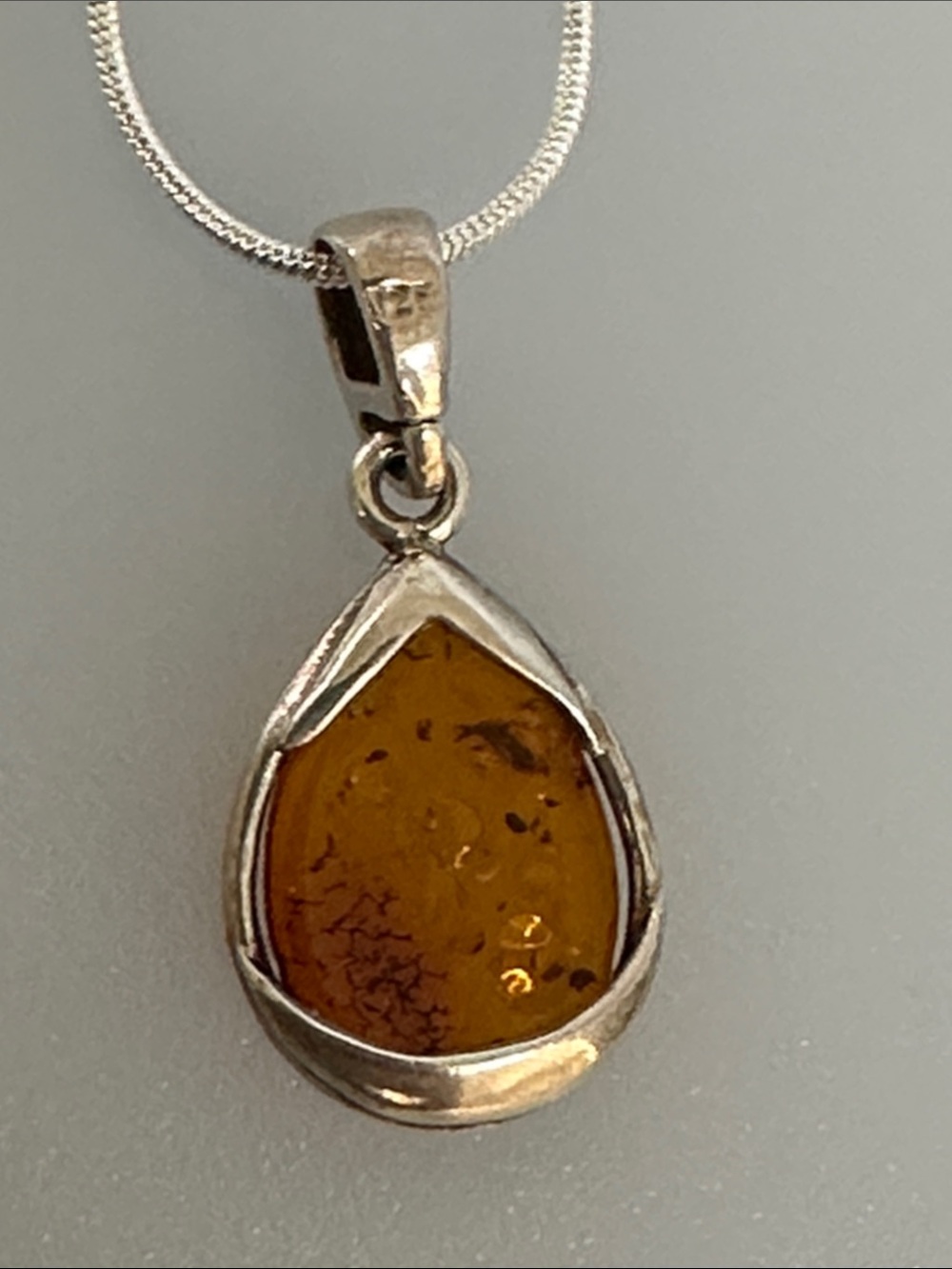 Elegant 925 Sterling Silver Teardrop Amber Necklace - Warm Orange Amber - Picture 4 of 6